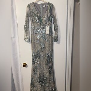 MAC DUGGAL V NECK ILLUSION LONG SLEEVE GOW RETAILS 698 on the designer website